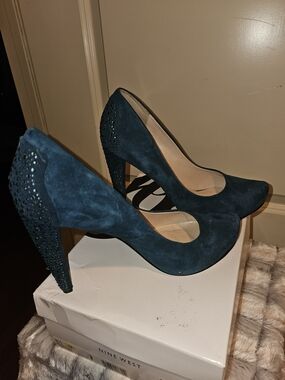 Nine West Teal Suede Crystal-Embellished High Heels
